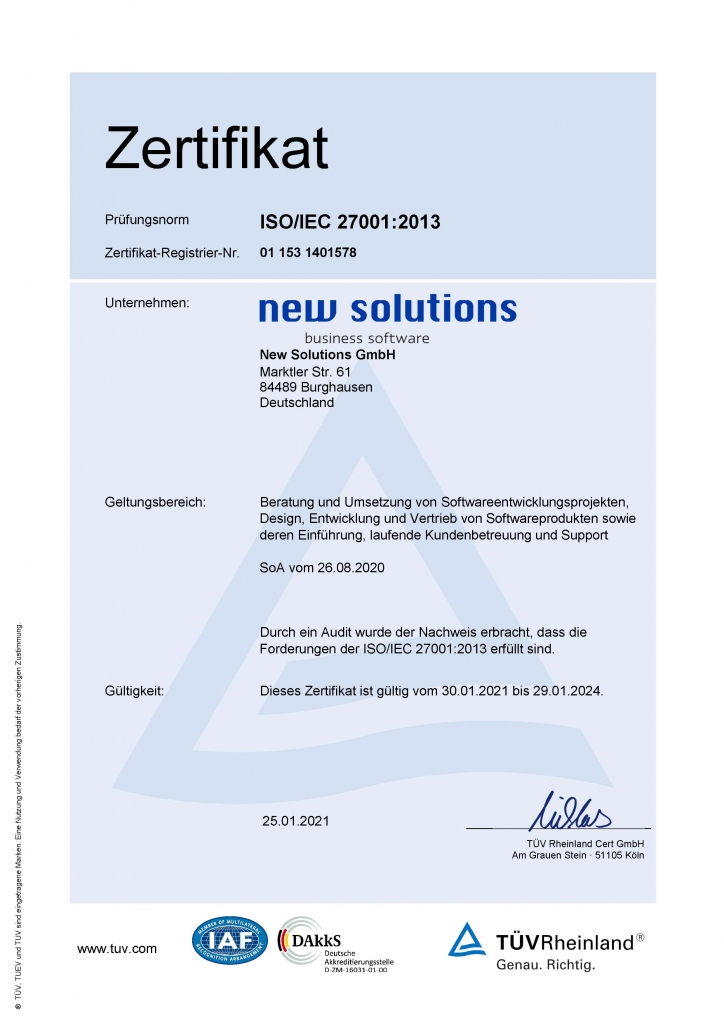 Zertifizierung der New Solutions GmbH nach der ISO/IEC-Norm 27001