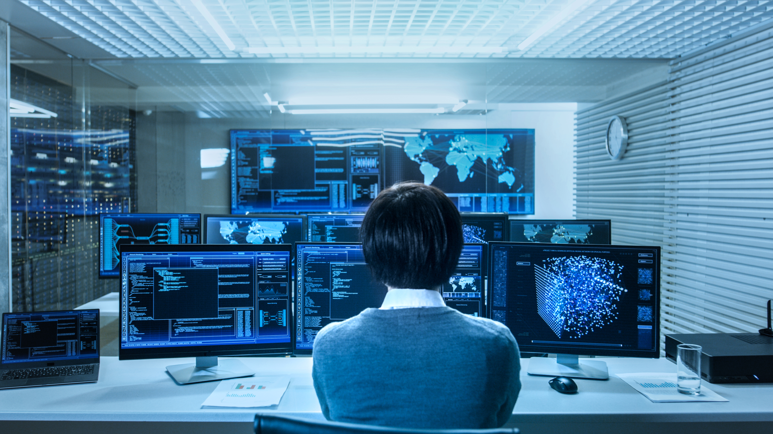 In,The,System,Control,Data,Center,Technician,Operates,Multiple,Screens